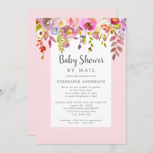 Invitation Fille rose florale Baby shower par la poste (Devant / Derrière)
