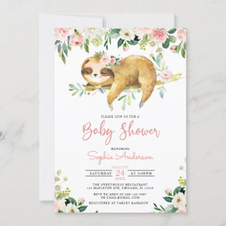 Invitation Fille rose florale mignonne Sloth Baby shower Invi