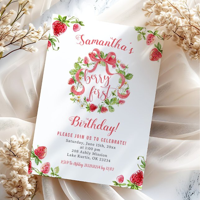 Invitation Fille Rose Fraise Baie Premier Anniversaire (Créateur téléchargé)