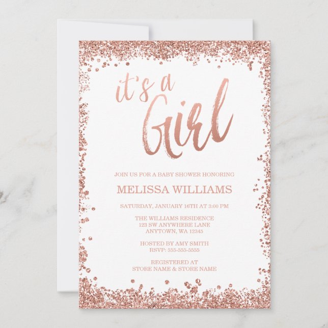 Invitation Fille Rose Gold Faux Parties scintillant Baby show (Devant)