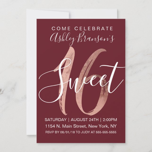 Invitation Fille Rose Gold Foil Burgundy Red Sweet 16 (Devant)