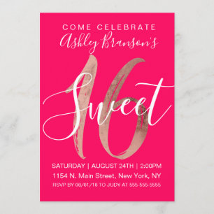 Invitation Fille Rose Gold Foil Neon Pink Sweet 16