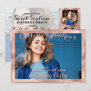 Invitation Fille Rose Gold Frontière Photo Collage Sweet 16
