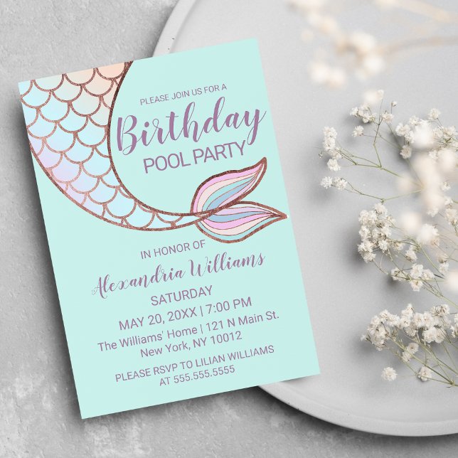 Invitation Fille Rose Gold Mint Mermaid Tail Pool Anniversair (Girly Rose Gold Mint Mermaid Tail Pool Birthday Invitation)