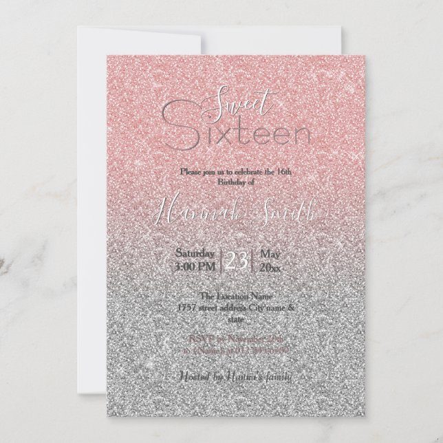 Invitation Fille Rose Gold Parties scintillant Argent Ombre D (Devant)
