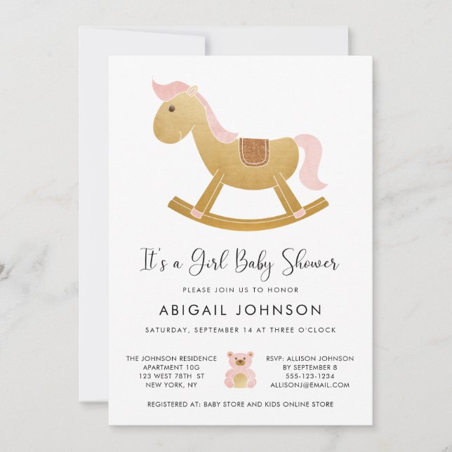 Invitation Fille Rose Gold Retro Baby shower Rocking Horse (Devant)