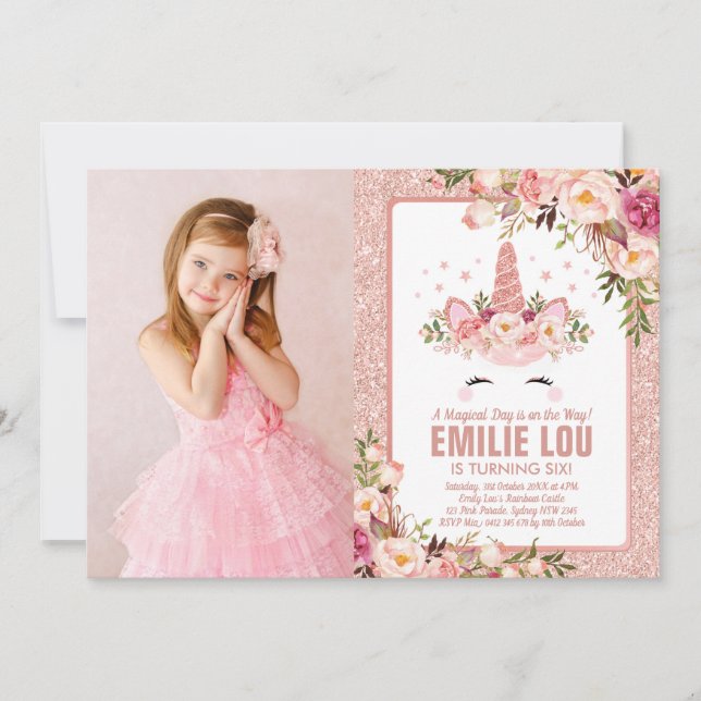 Invitation Fille Rose Gold Unicorn Aquarelle Roses Anniversai (Devant)