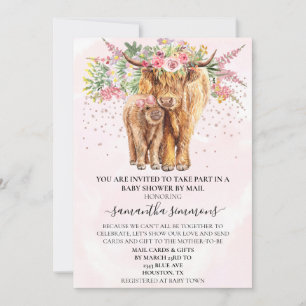 Invitation Fille Rose Highland Vache Baby shower de veau par