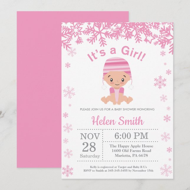 Invitation Fille Rose Hiver Baby Shower Flocon de Neige (Devant / Derrière)