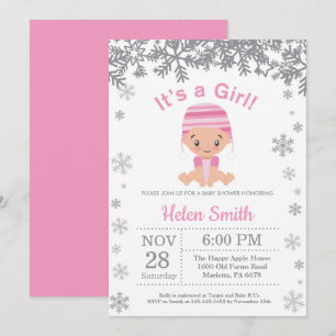 Invitation Fille Rose Hiver Baby Shower Flocon de Neige