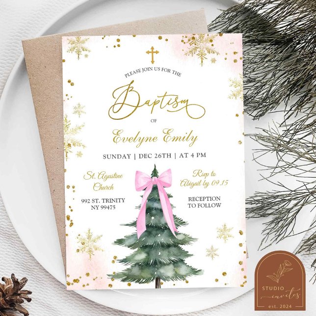 Invitation Fille Rose Hiver enneigé Noël Baptême Jour  (Créateur téléchargé)