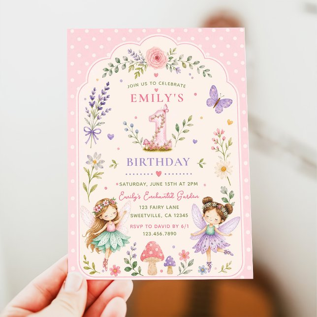 Invitation Fille rose jardin de fées fête de premier annivers (Créateur téléchargé)