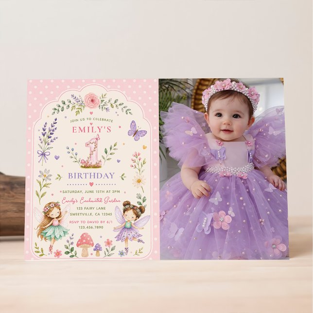 Invitation Fille rose jardin de fées fête de premier annivers (Créateur téléchargé)