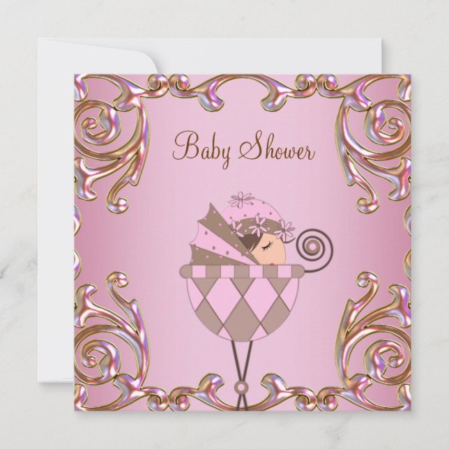 Invitation Fille Rose Marron et Or Baby Shower (Devant)