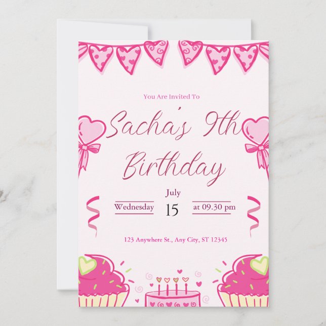 Invitation fille rose mignonne parties scintillant anniversai (Devant)