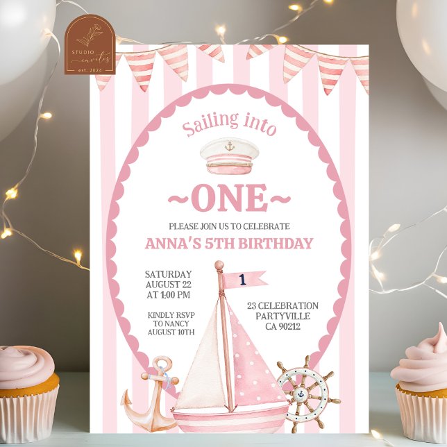 Invitation Fille rose navigue vers un anniversaire de marin (Créateur téléchargé)