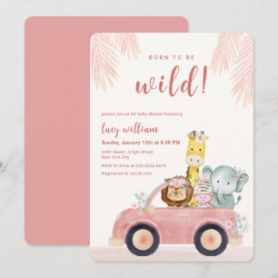 Invitation Fille Rose Née Pour Être Sauvage Fête de Bébé Safa
