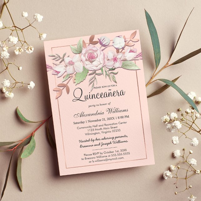 Invitation Fille Rose Or Blush rose Floral Quinceañera (Girly Rose Gold Blush Pink Floral Quinceañera)