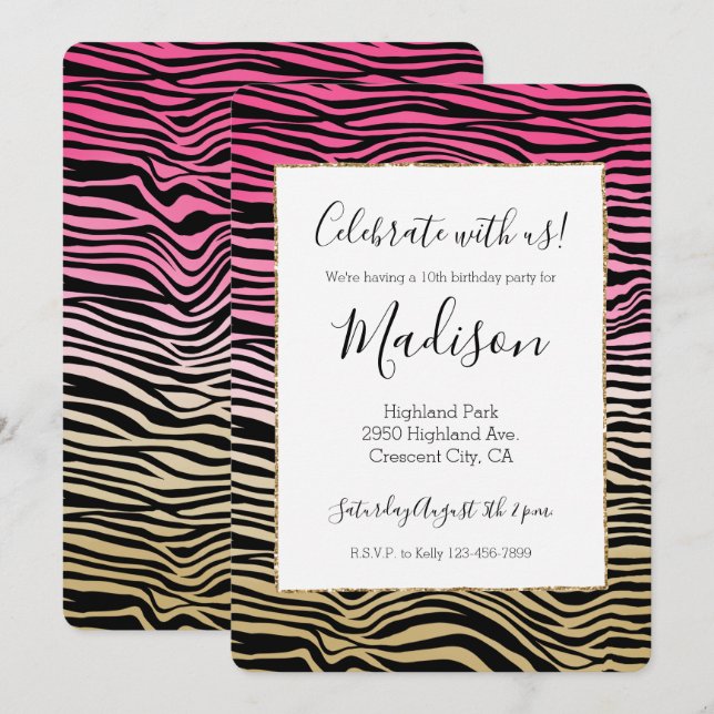 Invitation Fille rose or Ombre Aquarelle Noir Zèbre Imprimer (Devant / Derrière)
