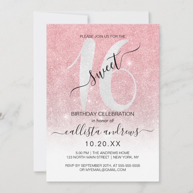 Invitation Fille Rose or Parties scintillant blanche Ombre Sw (Devant)
