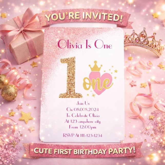 Invitation Fille rose paillettes princesse anniversaire  (Créateur téléchargé)