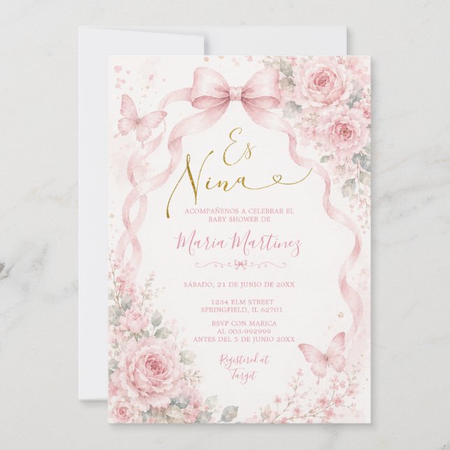 Invitation Fille Rose Pâle Blush Baby Shower Arc Coquette Esp (Devant)