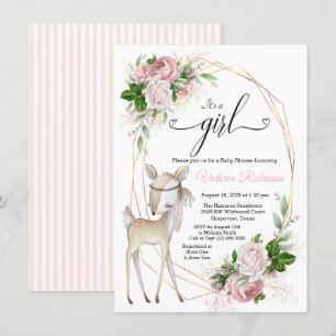 Invitation Fille Rose Pâle Or Cerf Baby Shower