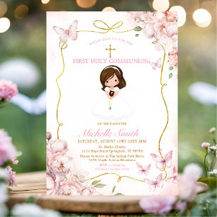 Invitation Fille Rose Pâle Tenant la Bible Première Sainte Co