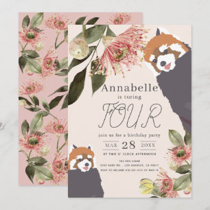 Invitation Fille rose Panda Rouge Fille Fleur Anniversaire