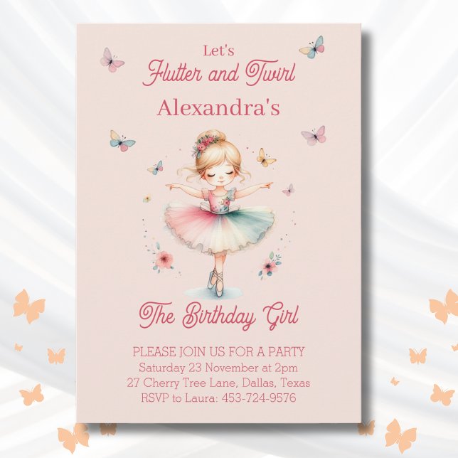 Invitation Fille rose papillon Ballerina fête d'anniversaire (Créateur téléchargé)