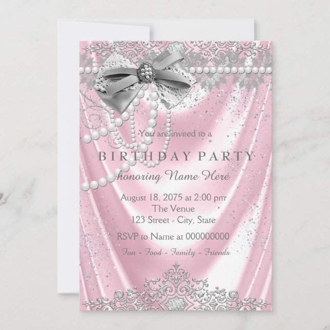 Invitation Fille rose Pearl Satin rose gris rose fête d'anniv (Devant)
