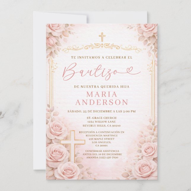 Invitation Fille Rose Pêche Baptême Espagnol Religion Croix (Devant)