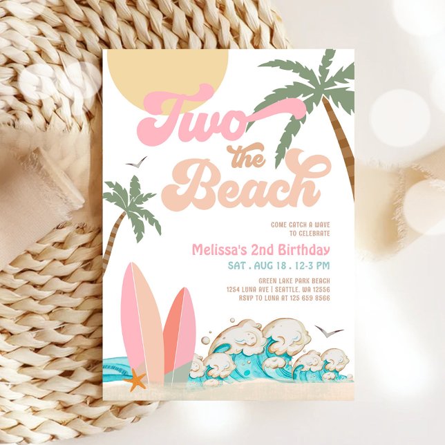 Invitation Fille Rose Pêche TWO la PLAGE Surfant 2e Anniversa (Créateur téléchargé)