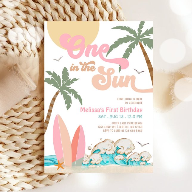 Invitation Fille Rose Pêche Une Dans Le Soleil Surf 1er Anniv (Créateur téléchargé)