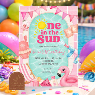 Invitation Fille Rose Piscine Un dans le Soleil Anniversaire