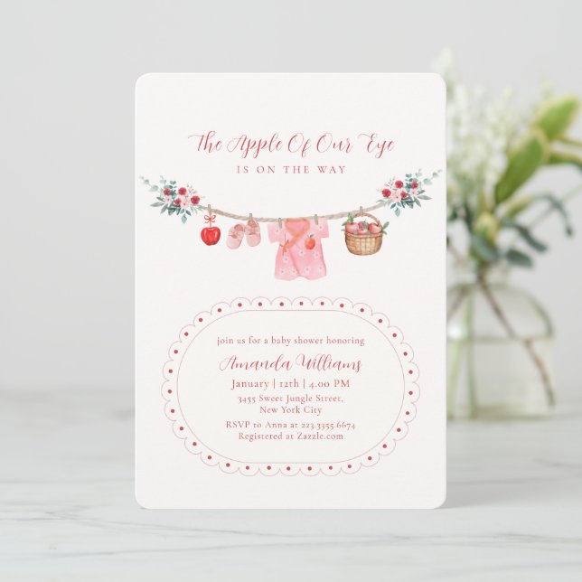 Invitation Fille rose Pomme de notre œil Linge de bébé Shower (Debout devant)