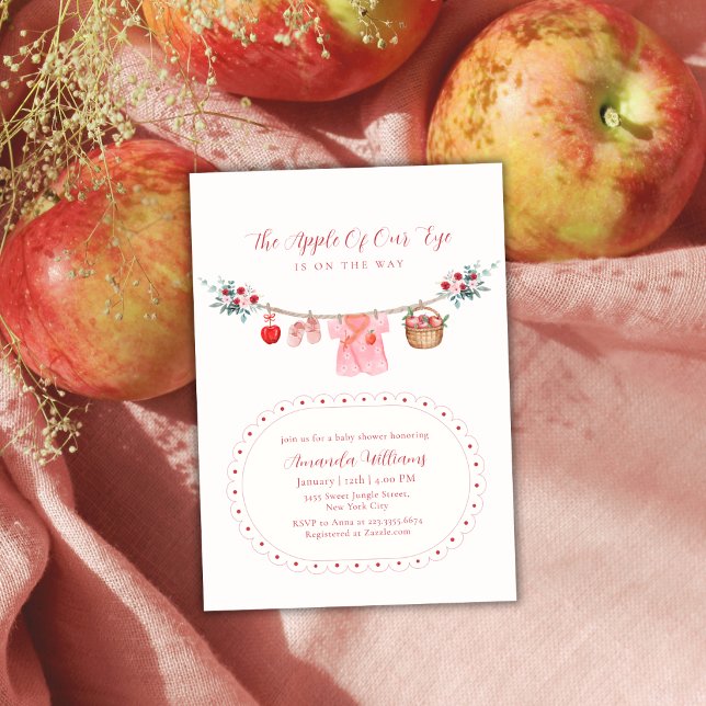 Invitation Fille rose Pomme de notre œil Linge de bébé Shower (Pink Girl Apple Of Our Eye Clothesline Baby Shower Invitation)