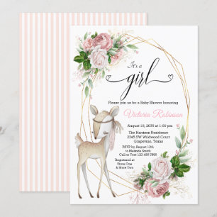 Invitation Fille rose poudré or floral cerf Baby Shower