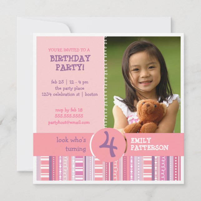 Invitation Fille rose pourpre Numéro d'âge Fête d'anniversair (Devant)