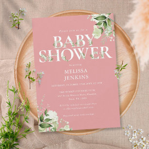 Invitation Fille Rose Poussiéreux Vert feuillu Lettre Baby Sh