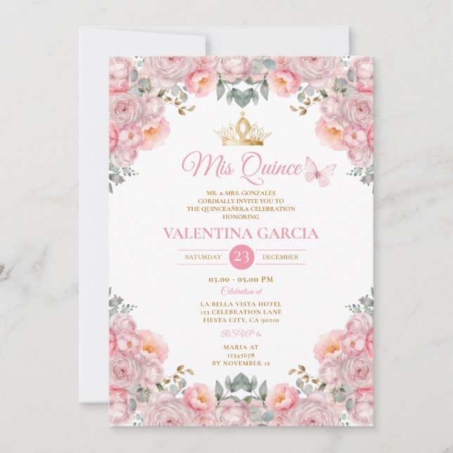 Invitation Fille Rose Quinceañera 15 Anos Fleurs Or Couronne (Devant)