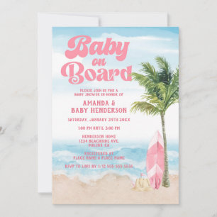 Invitation Fille Rose Rétro Bébé À Bord Surf Baby Shower