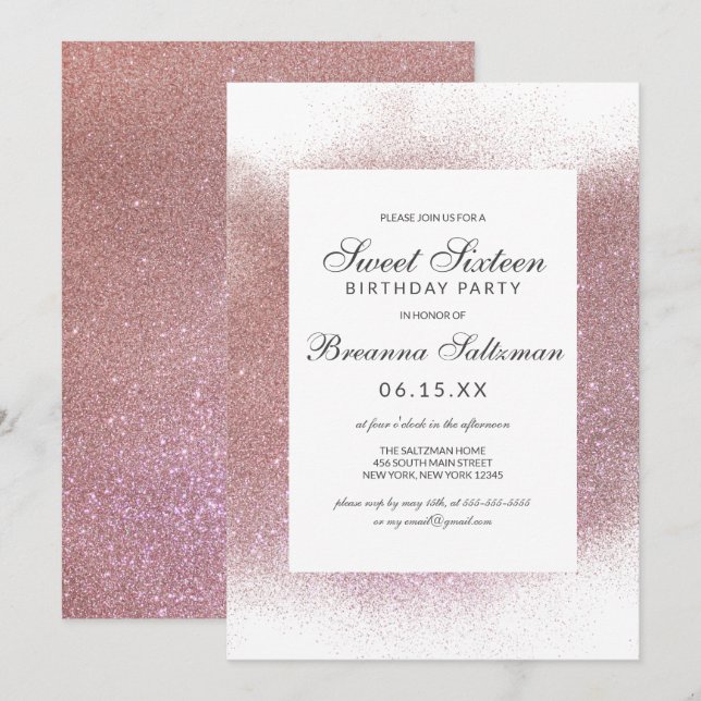 Invitation Fille Rose rose blanche Parties scintillant poisse (Devant / Derrière)