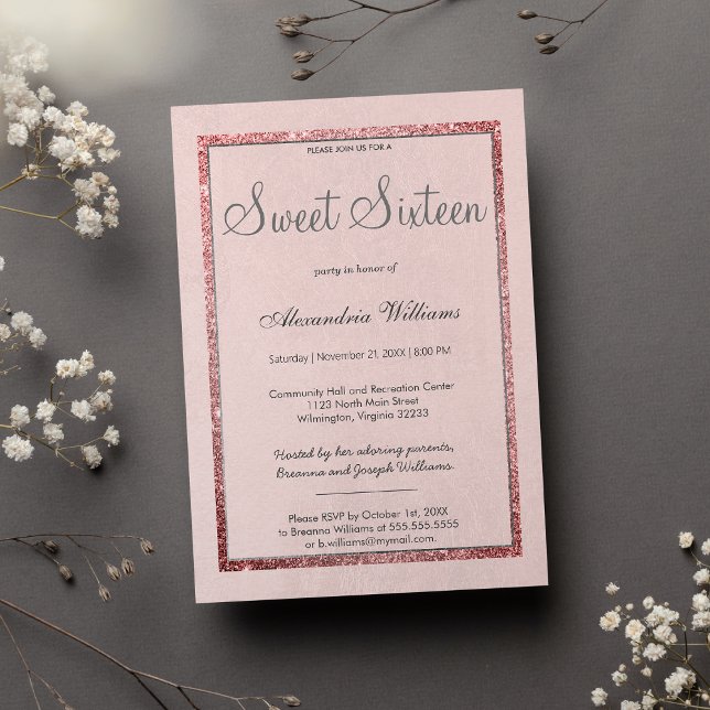 Invitation Fille rose rose or argent parties scintillant Swee (Girly pink rose gold silver glitter Sweet 16 )
