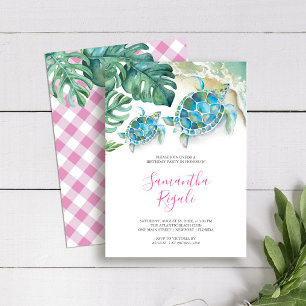 Invitation Fille rose Tortue tropicale En vichy Anniversaire