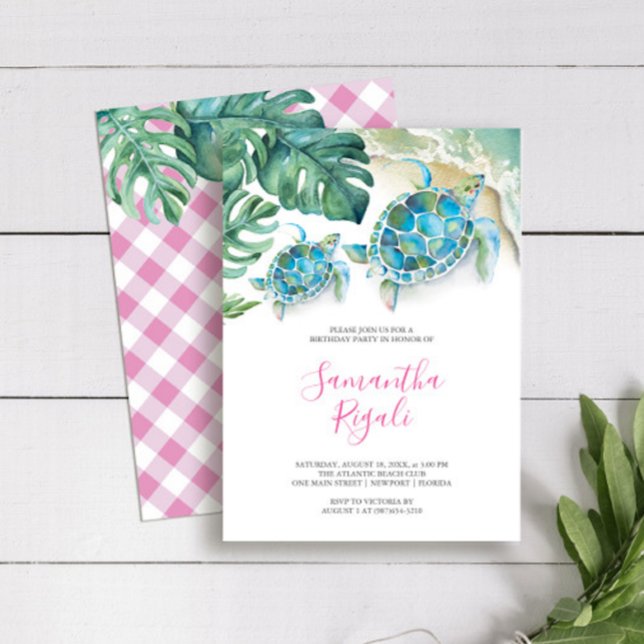 Invitation Fille rose Tortue tropicale En vichy Anniversaire (Birthday party invitations girls cute pink and turquoise sea turtle watercolor Victoria Grigaliunas)