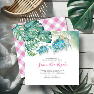 Invitation Fille rose Tortue tropicale En vichy Anniversaire