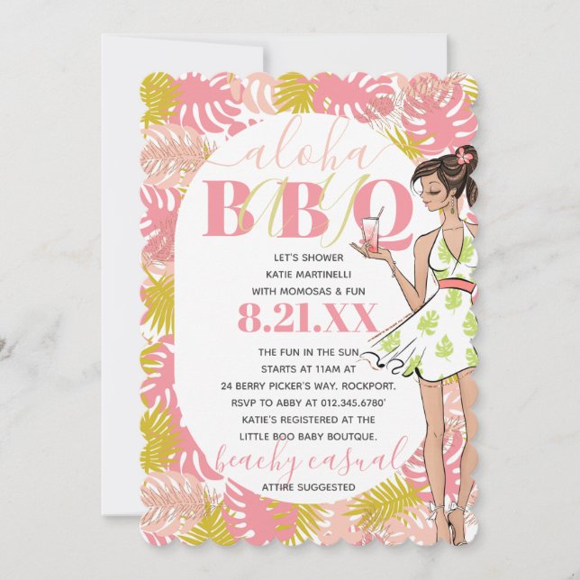 Invitation Fille rose Tropical Aloha Baby BBQ Douche Invitat (Devant)