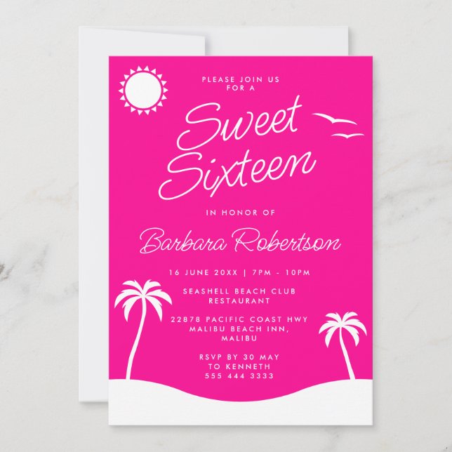 Invitation Fille rose Tropical Beach Sweet sixteen Script (Devant)