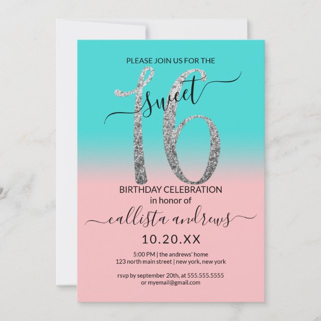 Invitation Fille rose Turquoise Parties scintillant argent Om (Devant)